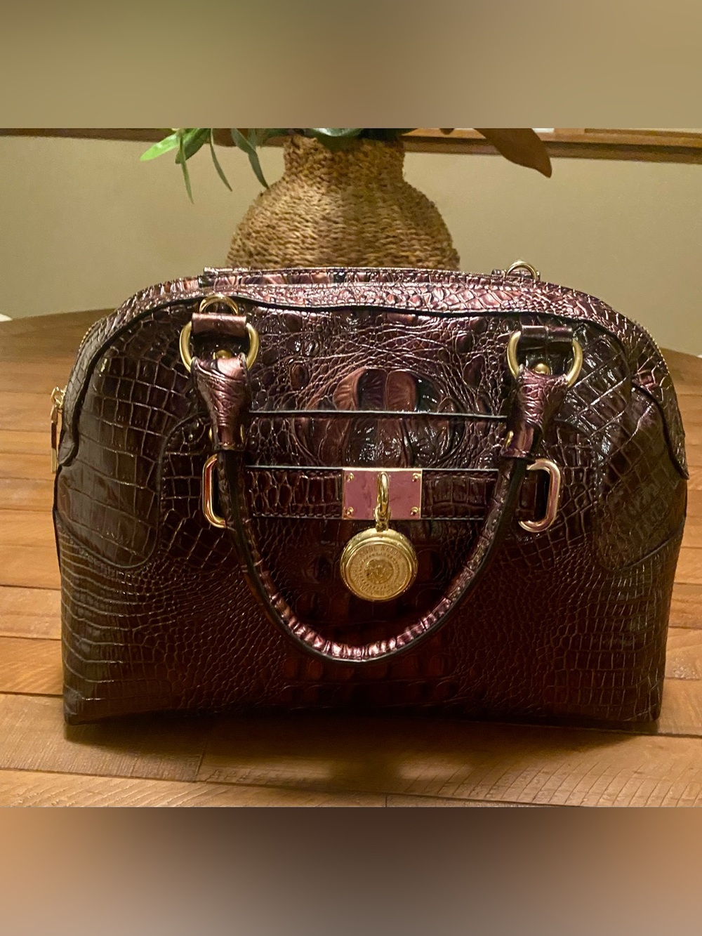 Anne Klein Croc-Embossed Satchel in Deep Burgundy with Gold Hardware